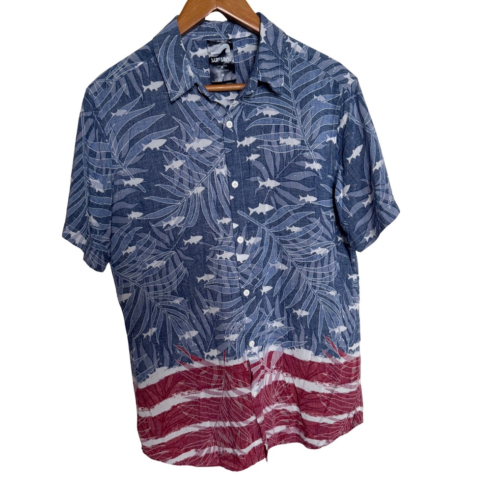 Surf Style Mens Shark Palm Leaf Print Button Down Shirt Blue Red Size Medium